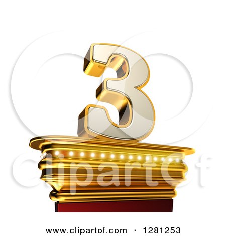 Clipart of a 3d 3 Number Three on a Gold Pedestal over White - Royalty Free Illustration by stockillustrations