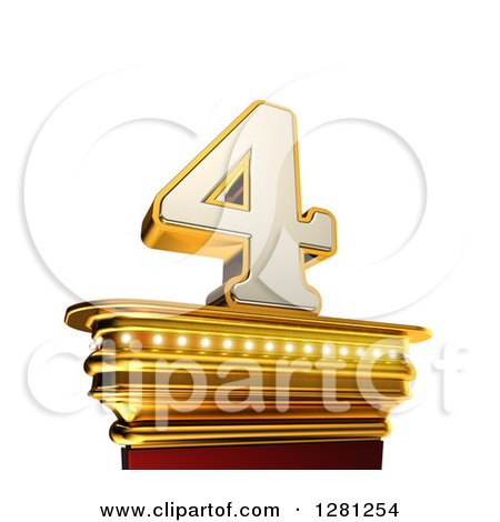 Clipart of a 3d 4 Number Four on a Gold Pedestal over White - Royalty Free Illustration by stockillustrations