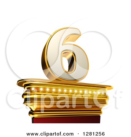 Clipart of a 3d 6 Number Six on a Gold Pedestal over White - Royalty Free Illustration by stockillustrations