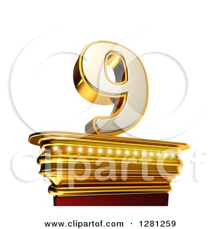 Clipart of a 3d 9 Number Nine on a Gold Pedestal over White - Royalty Free Illustration by stockillustrations