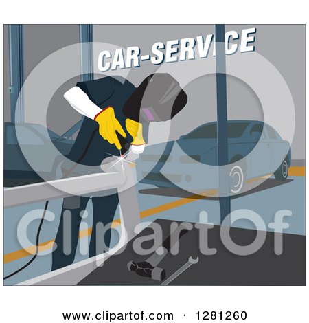 Clipart of a Male Garage Worker Welding a Car Part - Royalty Free Vector Illustration by David Rey
