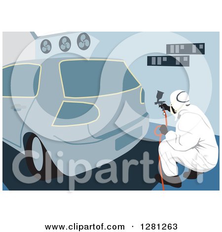Clipart of a Male Garage Worker Painting the Rear End of a Car - Royalty Free Vector Illustration by David Rey