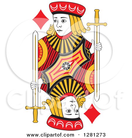 Clipart of a Borderless Red Black and Yellow Jack of Diamonds Playing Card - Royalty Free Vector Illustration by Frisko