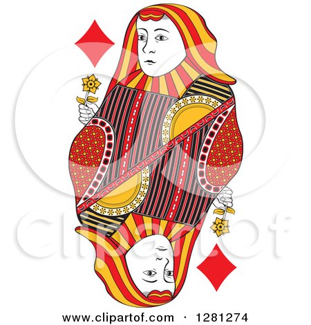Clipart of a Borderless Red Black and Yellow Queen of Diamonds Playing ...