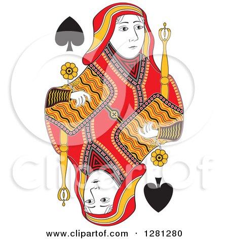 Clipart of a Borderless Red Black and Yellow Queen of Spades Playing Card - Royalty Free Vector Illustration by Frisko