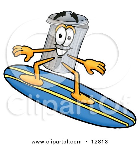 Clipart Picture of a Garbage Can Mascot Cartoon Character Surfing on a Blue and Yellow Surfboard by Mascot Junction