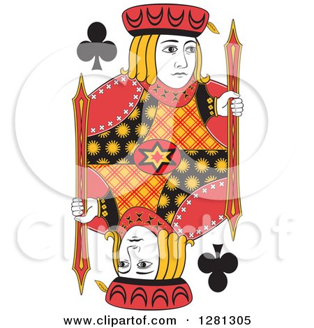 Clipart of a Borderless Red Black and Yellow Jack of Clubs Playing Card - Royalty Free Vector Illustration by Frisko