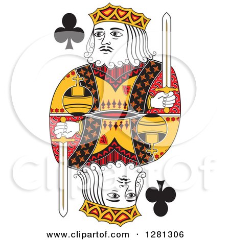 Clipart of a Borderless Red Black and Yellow King of Clubs Playing Card - Royalty Free Vector Illustration by Frisko