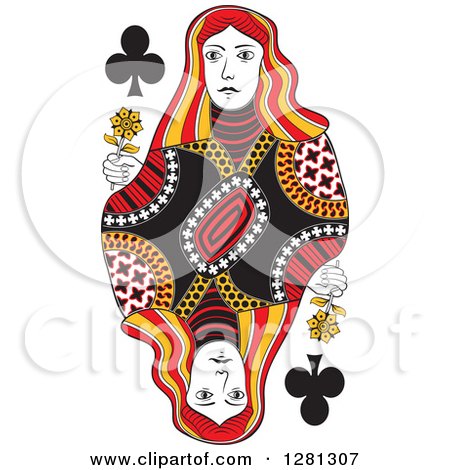 Clipart of a Borderless Red Black and Yellow Queen of Clubs Playing Card - Royalty Free Vector Illustration by Frisko