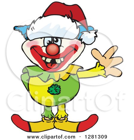 Clipart of a Friendly Waving Clown Wearing a Christmas Santa Hat - Royalty Free Vector Illustration by Dennis Holmes Designs