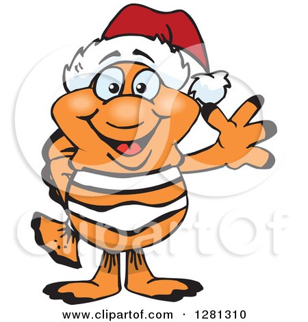 Clipart of a Friendly Waving Clownfish Wearing a Christmas Santa Hat - Royalty Free Vector Illustration by Dennis Holmes Designs