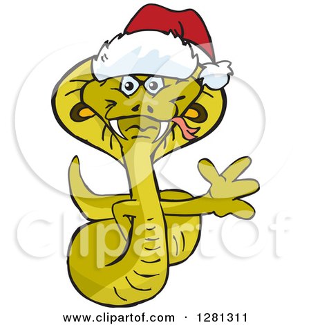 Clipart of a Friendly Waving Cobra Wearing a Christmas Santa Hat - Royalty Free Vector Illustration by Dennis Holmes Designs