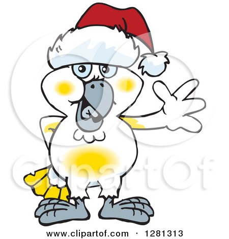 Clipart of a Friendly Waving Cockatoo Wearing a Christmas Santa Hat - Royalty Free Vector Illustration by Dennis Holmes Designs