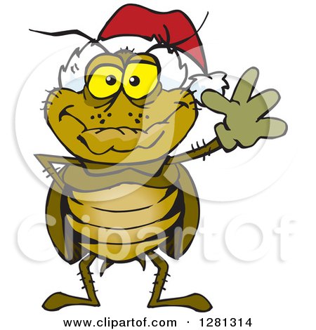 Clipart of a Friendly Waving Cockroach Wearing a Christmas Santa Hat - Royalty Free Vector Illustration by Dennis Holmes Designs