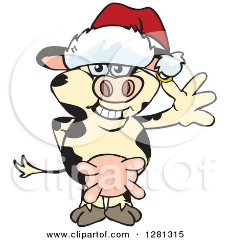 Clipart of a Friendly Waving Holstein Cow Wearing a Christmas Santa Hat - Royalty Free Vector Illustration by Dennis Holmes Designs
