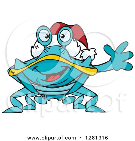 Clipart of a Friendly Waving Blue Crab Wearing a Christmas Santa Hat - Royalty Free Vector Illustration by Dennis Holmes Designs