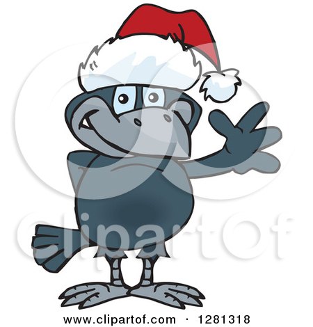 Clipart of a Friendly Waving Crow Wearing a Christmas Santa Hat - Royalty Free Vector Illustration by Dennis Holmes Designs