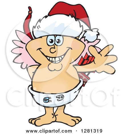 Clipart of a Friendly Waving Cupid Wearing a Christmas Santa Hat - Royalty Free Vector Illustration by Dennis Holmes Designs