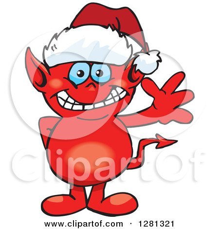 Clipart of a Friendly Waving Devil Wearing a Christmas Santa Hat - Royalty Free Vector Illustration by Dennis Holmes Designs
