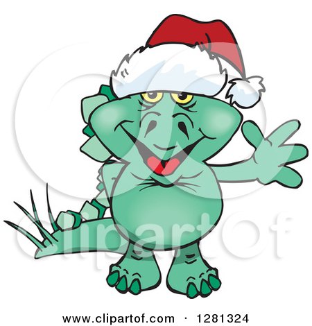 Clipart of a Friendly Waving Stegosaur Dinosaur Wearing a Christmas Santa Hat - Royalty Free Vector Illustration by Dennis Holmes Designs