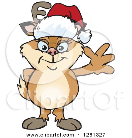 Clipart of a Friendly Waving Doe Deer Wearing a Christmas Santa Hat - Royalty Free Vector Illustration by Dennis Holmes Designs