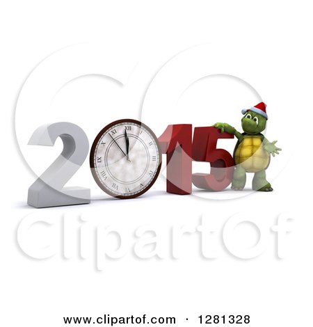 Clipart of a 3d Tortoise Resting on New Year 2015 with a Clock Nearing Midnight - Royalty Free Illustration by KJ Pargeter