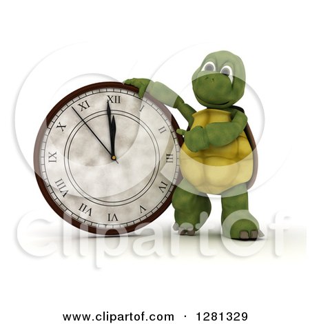 Clipart of a 3d Tortoise Leaning on and Pointing to a New Year Wall Clock Nearing Midnight - Royalty Free Illustration by KJ Pargeter