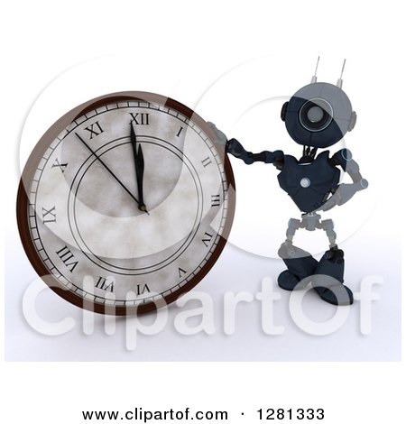 Clipart of a 3d Blue Android Robot Pointing to and Leaning on a New Year Wall Clock Approaching Midnight - Royalty Free Illustration by KJ Pargeter