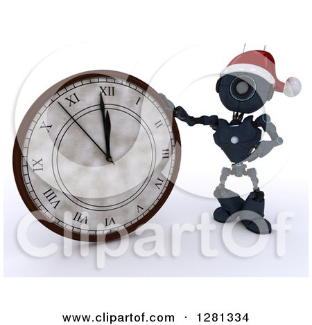 Clipart of a 3d Blue Android Robot Wearing a Santa Hat and Pointing to and Leaning on a New Year Wall Clock Approaching Midnight - Royalty Free Illustration by KJ Pargeter