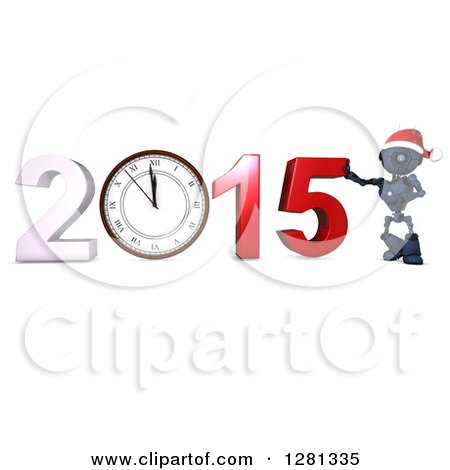 Clipart of a 3d Blue Android Robot Wearing a Santa Hat, Leaning on New Year 2015 with a Wall Clock - Royalty Free Illustration by KJ Pargeter