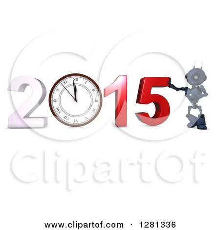 Clipart of a 3d Blue Android Robot Leaning on New Year 2015 with a Wall Clock - Royalty Free Illustration by KJ Pargeter