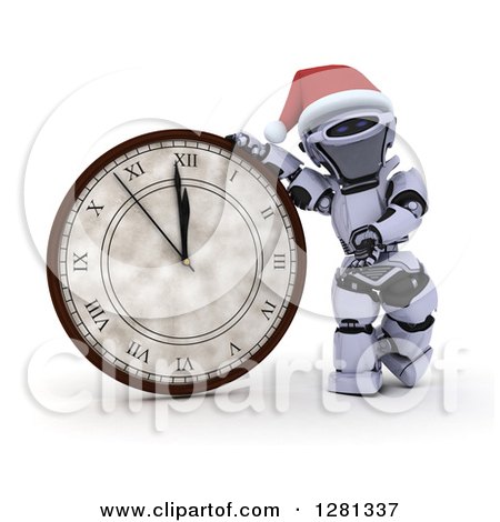 Clipart of a 3d Silver Robot Pointing to and Leaning on a New Year Wall Clock Approaching Midnight - Royalty Free Illustration by KJ Pargeter