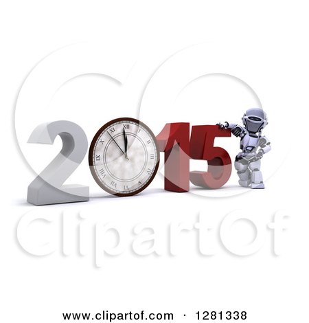 Clipart of a 3d Silver Robot Leaning on New Year 2015 with a Clock - Royalty Free Illustration by KJ Pargeter