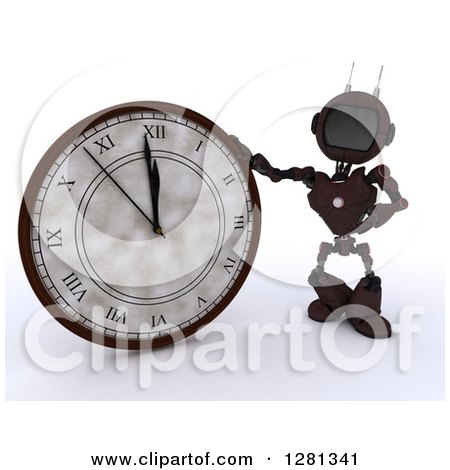 Clipart of a 3d Red Android Robot Pointing to and Leaning on a New Year Wall Clock Approaching Midnight - Royalty Free Illustration by KJ Pargeter