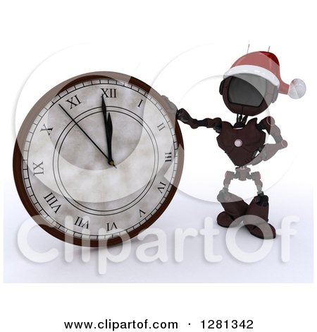 Clipart of a 3d Red Android Robot Wearing a Santa Hat and Pointing to and Leaning on a New Year Wall Clock Approaching Midnight - Royalty Free Illustration by KJ Pargeter