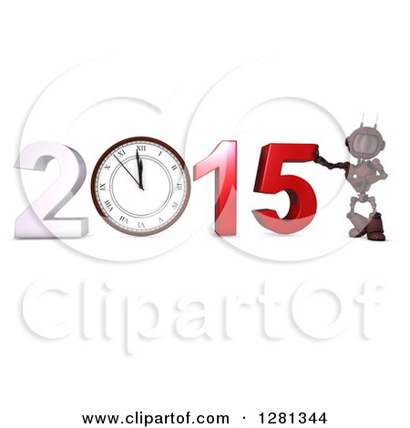 Clipart of a 3d Red Android Robot Leaning on New Year 2015 with a Clock - Royalty Free Illustration by KJ Pargeter