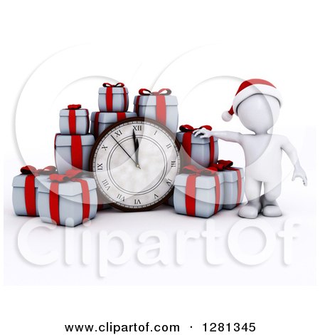 Clipart of a 3d White Man Wearing a Santa Hat, Standing With Gifts Around a New Year Clock Approaching Midnight - Royalty Free Illustration by KJ Pargeter