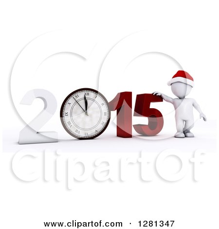 Clipart of a 3d White Man Wearing a Santa Hat And Standing With a Giant New Year 2015 and Clock Approaching Midnight - Royalty Free Illustration by KJ Pargeter