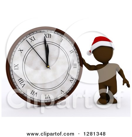 Clipart of a 3d Brown Man Wearing a Santa Hat And Standing With a New Year Clock Approaching Midnight - Royalty Free Illustration by KJ Pargeter