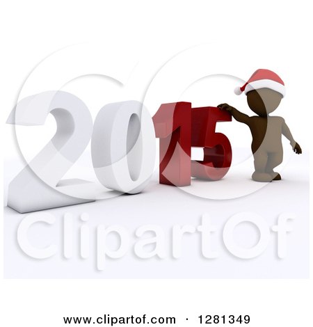 Clipart of a 3d Brown Man Wearing a Santa Hat and Standing With a Giant New Year 2015 - Royalty Free Illustration by KJ Pargeter