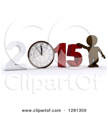 Clipart of a 3d Brown Man Standing With a Giant New Year 2015 With a Clock Approaching Midnight - Royalty Free Illustration by KJ Pargeter