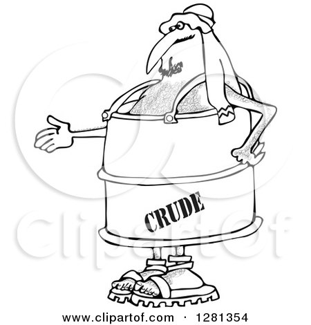 Clipart of a Black and White Arab Man in a Crude Oil Barrel Suit, Holding out His Hand - Royalty Free Vector Illustration by djart