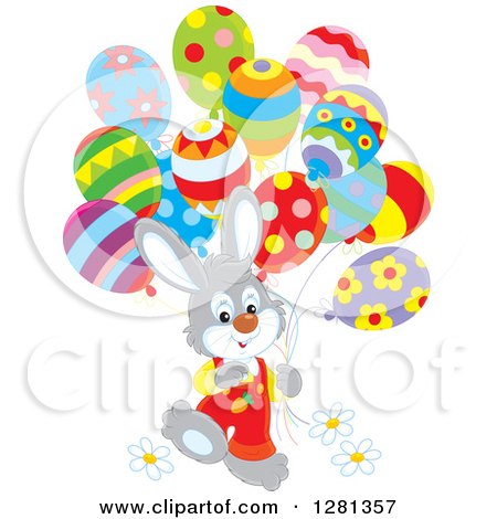 Clipart of a Happy Gray Bunny Rabbit Boy Walking with Easter Party Balloons - Royalty Free Vector Illustration by Alex Bannykh