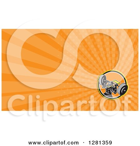Clipart of a Retro Knight Working out with a Barbell and Orange Rays Background or Business Card Design - Royalty Free Illustration by patrimonio