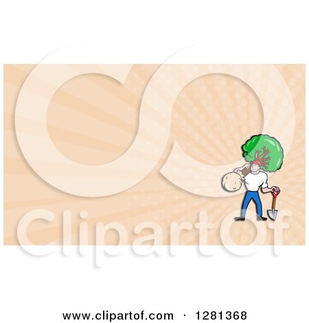Clipart of a Cartoon Landscaper Carrying a Tree and Peach Rays Background or Business Card Design - Royalty Free Illustration by patrimonio