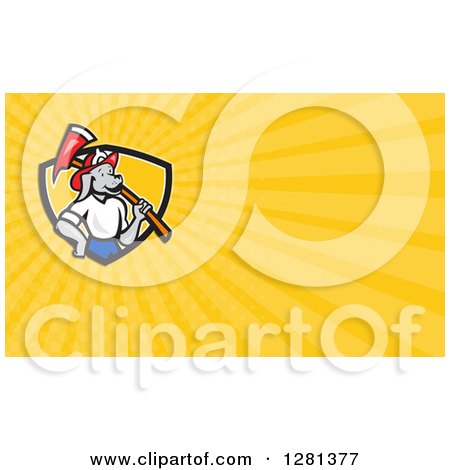 Clipart of a Cartoon Dog Fireman with an Axe and Yellow Rays Background or Business Card Design - Royalty Free Illustration by patrimonio