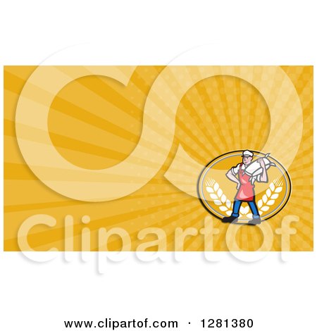Clipart of a Retro Flour Miller Worker and Orange Rays Background or Business Card Design - Royalty Free Illustration by patrimonio