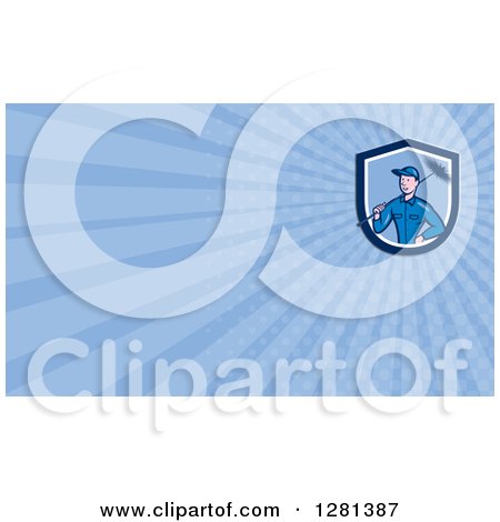 Clipart of a Cartoon Chimney Sweep Man and Blue Rays Background or Business Card Design - Royalty Free Illustration by patrimonio