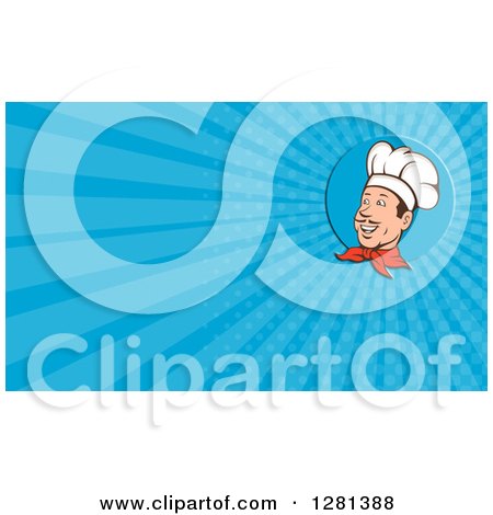 Clipart of a Cartoon Happy Male Chef and Blue Rays Background or Business Card Design - Royalty Free Illustration by patrimonio