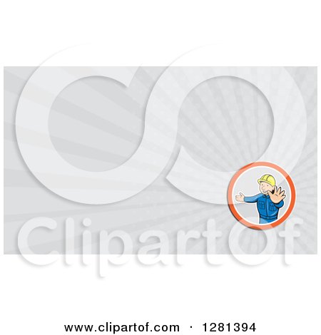 Clipart of a Cartoon Male Builder Holding His Hand out and Gray Rays Background or Business Card Design - Royalty Free Illustration by patrimonio